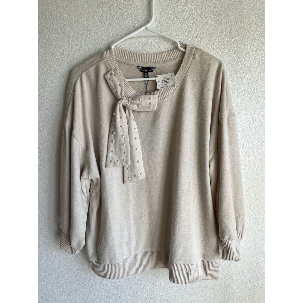 Love & Lace Oatmeal Heather Pearl Bow Neck Knit Top XL C5469M1732 New